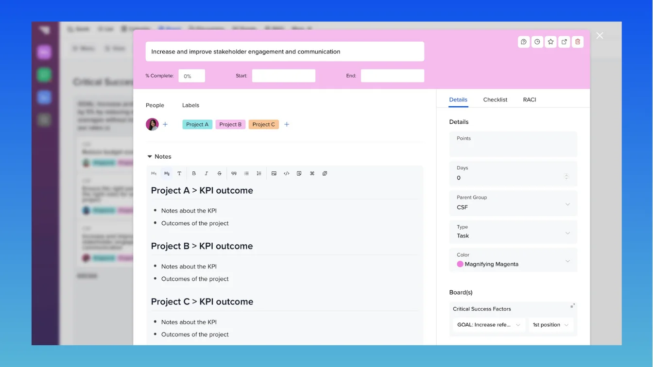Example of how to use task notes on a CSF card to outline notes and outcomes for each KPI you want to use to track a critical success factor